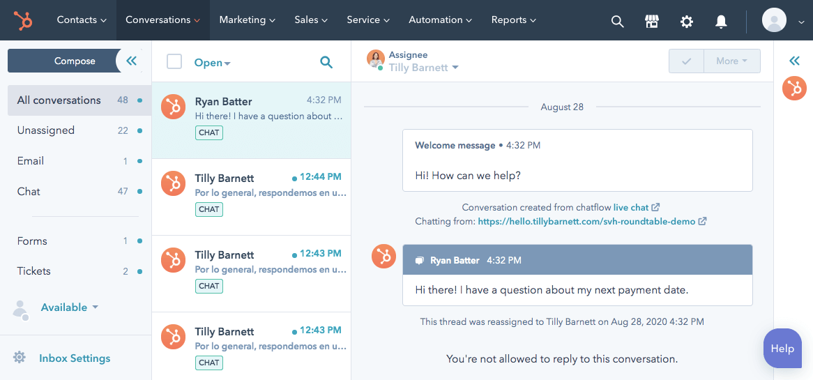 Picture of a chat feature within Hubspot