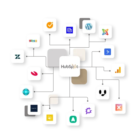 Et billede der viser de mange HubSpot integrationer såsom contractbook, wordpress, visma og LassoX